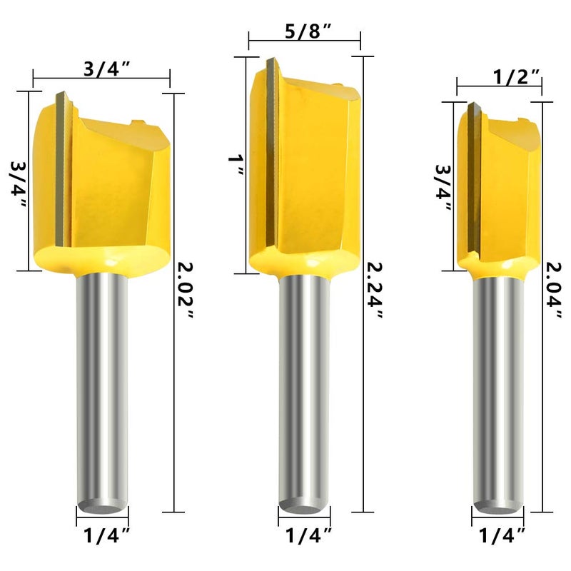 MEIGGTOOL 5Pcs Straight Dado Router Bit Set, 1/4-Inch Shank Round Nose, Cutting Diameter: 1/4, 3/8, 1/2, 5/8, 3/4 Inch - Image 3